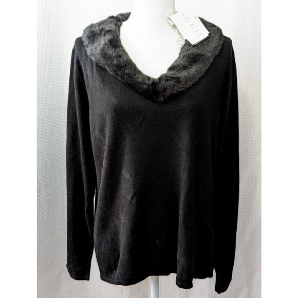 NWT! MAGGIE MCNAUGHTON! BLACK V-NECK DETACHABLE FAUX FUR COLLAR SWEATER! SZ 1X - Picture 2 of 7